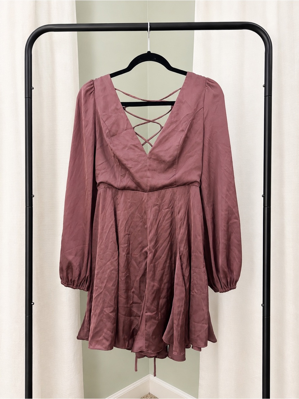 Mustard Seed Long Sleeve Mauve V-Neck Mini Dress with Lace-Up Back